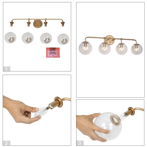 Modern Globe Bathroom Vanity Light, 30.5-in 4-Light Brass Gold and Seeded Globe Glass LED Modern/Contemporary Vanity Light