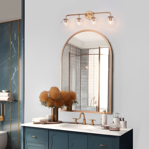 Modern Globe Bathroom Vanity Light, 30.5-in 4-Light Brass Gold and Seeded Globe Glass LED Modern/Contemporary Vanity Light