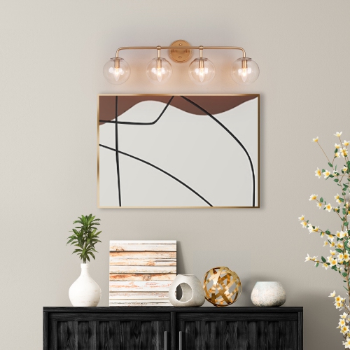 Modern Globe Bathroom Vanity Light, 30.5-in 4-Light Brass Gold and Seeded Globe Glass LED Modern/Contemporary Vanity Light