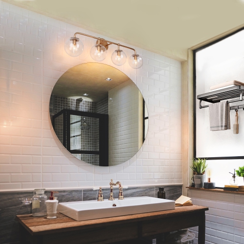 Modern Globe Bathroom Vanity Light, 30.5-in 4-Light Brass Gold and Seeded Globe Glass LED Modern/Contemporary Vanity Light