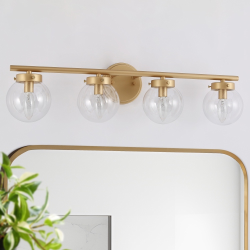 Farmhouse Gold Bathroom Vanity Light, 28-in 4-Light Brass Gold In Clear Globe Glass LED Modern/Contemporary Vanity Light