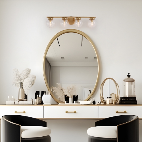 Farmhouse Gold Bathroom Vanity Light, 28-in 4-Light Brass Gold In Clear Globe Glass LED Modern/Contemporary Vanity Light