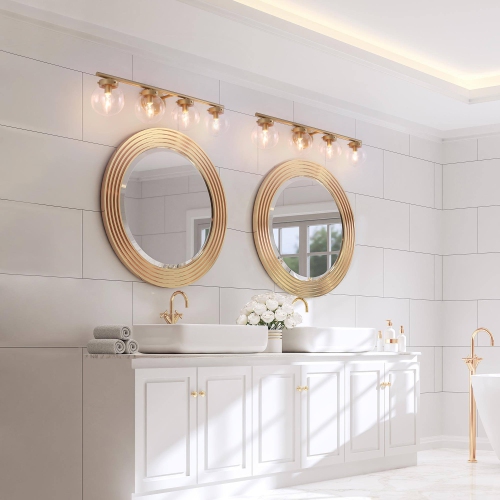 Farmhouse Gold Bathroom Vanity Light, 28-in 4-Light Brass Gold In Clear Globe Glass LED Modern/Contemporary Vanity Light
