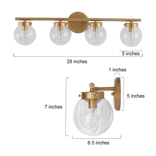 Farmhouse Gold Bathroom Vanity Light, 28-in 4-Light Brass Gold In Clear Globe Glass LED Modern/Contemporary Vanity Light