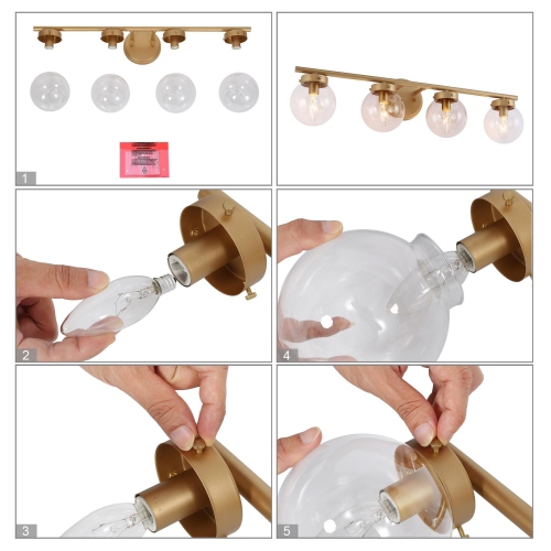 Farmhouse Gold Bathroom Vanity Light, 28-in 4-Light Brass Gold In Clear Globe Glass LED Modern/Contemporary Vanity Light