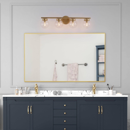 Farmhouse Gold Bathroom Vanity Light, 28-in 4-Light Brass Gold In Clear Globe Glass LED Modern/Contemporary Vanity Light