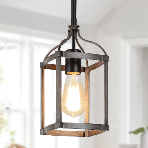 UOLFIN  Modern Farmhouse Pendant Light for Kitchen Island 1-Light Cage Pendant Light With Faux Wood Accent