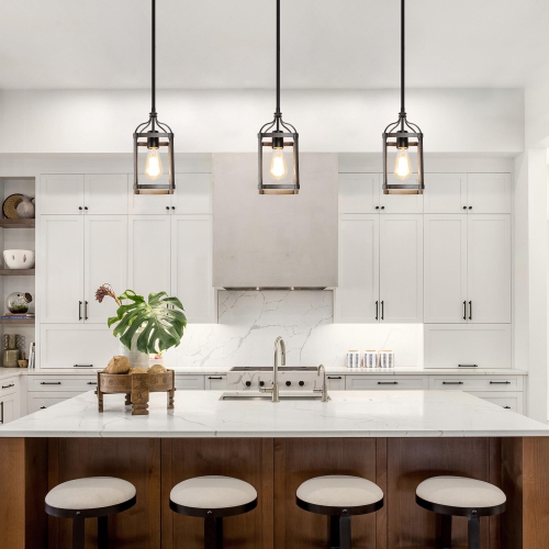 Modern Farmhouse Pendant Light for Kitchen Island 1-Light Cage Pendant Light with Faux Wood Accent