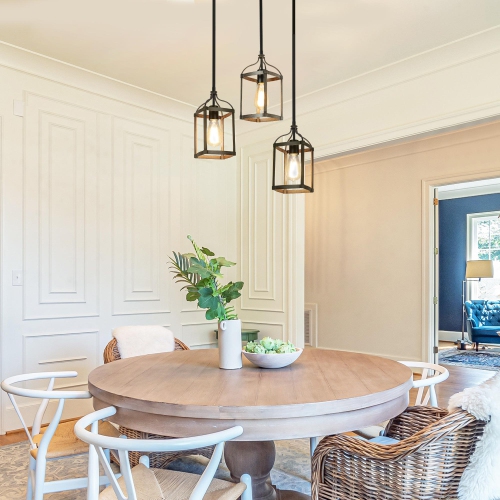 Modern Farmhouse Pendant Light for Kitchen Island 1-Light Cage Pendant Light with Faux Wood Accent