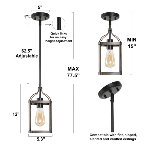Modern Farmhouse Pendant Light for Kitchen Island 1-Light Cage Pendant Light with Faux Wood Accent