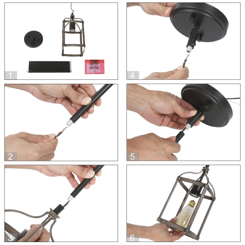 Modern Farmhouse Pendant Light for Kitchen Island 1-Light Cage Pendant Light with Faux Wood Accent