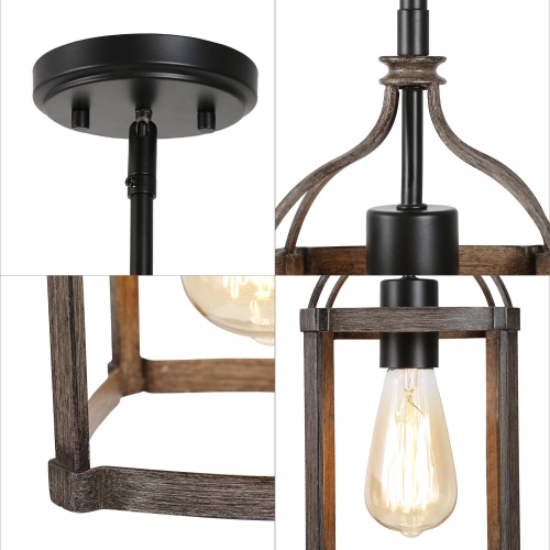 Modern Farmhouse Pendant Light for Kitchen Island 1-Light Cage Pendant Light with Faux Wood Accent