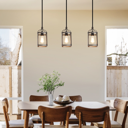 Modern Farmhouse Pendant Light for Kitchen Island 1-Light Cage Pendant Light with Faux Wood Accent