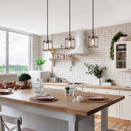 Modern Farmhouse Pendant Light for Kitchen Island 1-Light Cage Pendant Light with Faux Wood Accent