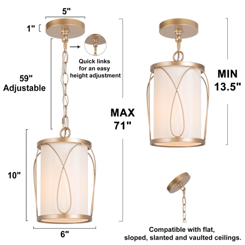 Modern Farmhouse Bedroom Pendant Light, 1-Light Gold Lantern Cage Fabric Mini Pendant