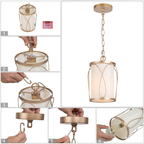 Modern Farmhouse Bedroom Pendant Light, 1-Light Gold Lantern Cage Fabric Mini Pendant