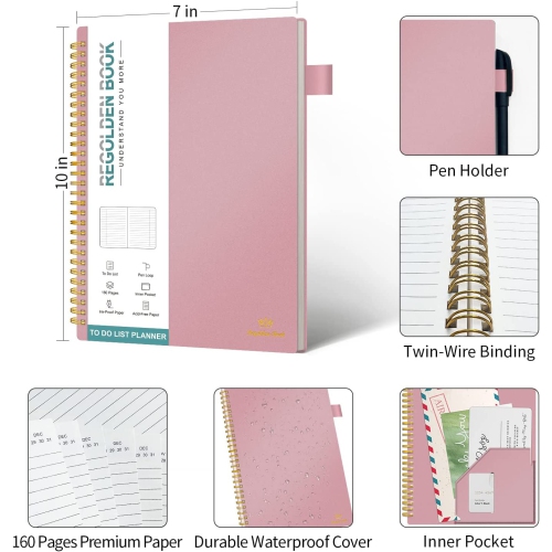 Daily Planner Undated, To Do List Notebook with Hourly Schedule CoolHut Calendars Meal, 160 Pages Pink