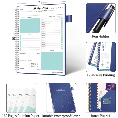 Agenda quotidien non daté, carnet de tâches à faire avec calendriers horaires horaires repas, cahier de rendez-vous spiralé pour homme/femme,