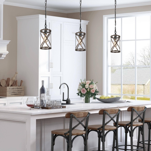 Modern Farmhouse Drum Pendant Light 1-Light Cage Kitchen Island Pendant Light with Faux Wood Accent