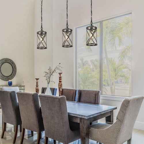 Modern Farmhouse Drum Pendant Light 1-Light Cage Kitchen Island Pendant Light with Faux Wood Accent