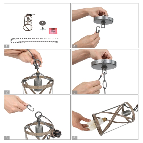 Modern Farmhouse Drum Pendant Light 1-Light Cage Kitchen Island Pendant Light with Faux Wood Accent