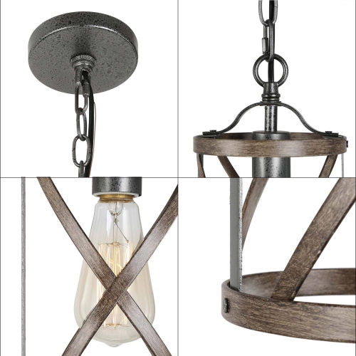 Modern Farmhouse Drum Pendant Light 1-Light Cage Kitchen Island Pendant Light with Faux Wood Accent