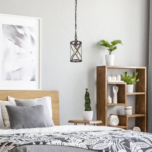 Modern Farmhouse Drum Pendant Light 1-Light Cage Kitchen Island Pendant Light with Faux Wood Accent