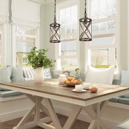 Modern Farmhouse Drum Pendant Light 1-Light Cage Kitchen Island Pendant Light with Faux Wood Accent
