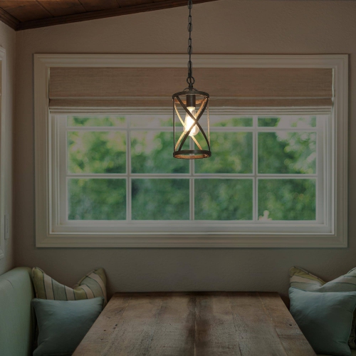 Modern Farmhouse Drum Pendant Light 1-Light Cage Kitchen Island Pendant Light with Faux Wood Accent