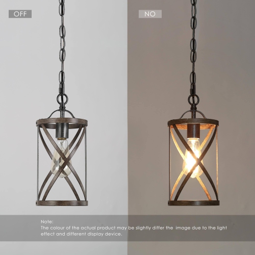 Modern Farmhouse Drum Pendant Light 1-Light Cage Kitchen Island Pendant Light with Faux Wood Accent