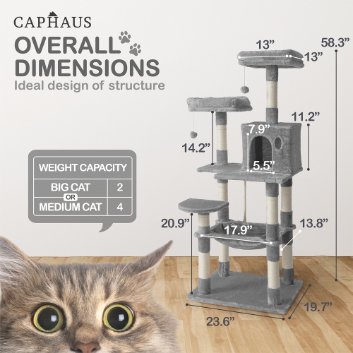 BOWHAUS 58 in. Light Grey Cat Tower for Indoor Cats, Multi-Level Cat Activity Tree with Scratching Posts, Basket, Cave Condo