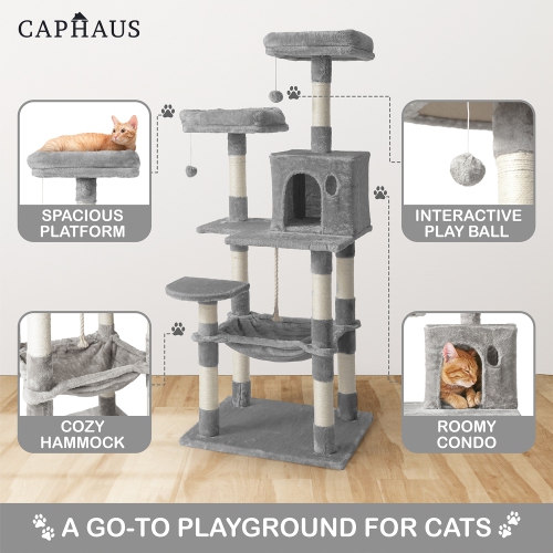 BOWHAUS 58 in. Light Grey Cat Tower for Indoor Cats, Multi-Level Cat Activity Tree with Scratching Posts, Basket, Cave Condo