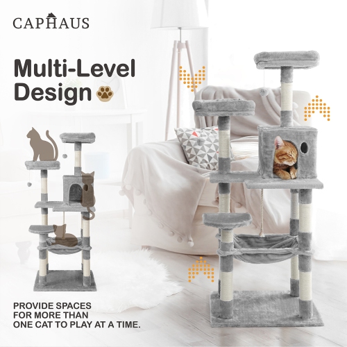 BOWHAUS 58 in. Light Grey Cat Tower for Indoor Cats, Multi-Level Cat Activity Tree with Scratching Posts, Basket, Cave Condo