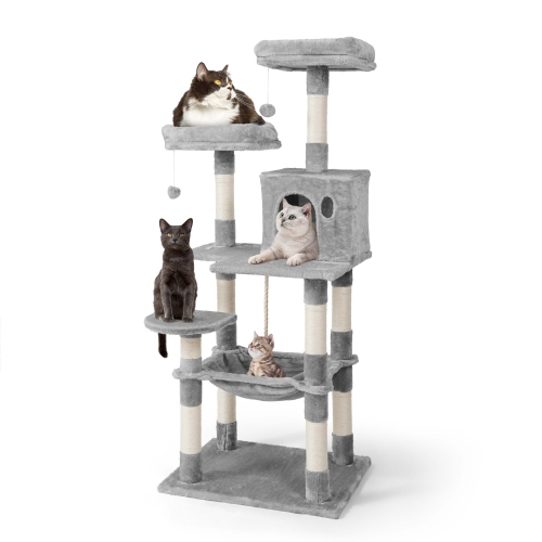 BOWHAUS 58 in. Light Grey Cat Tower for Indoor Cats, Multi-Level Cat Activity Tree with Scratching Posts, Basket, Cave Condo