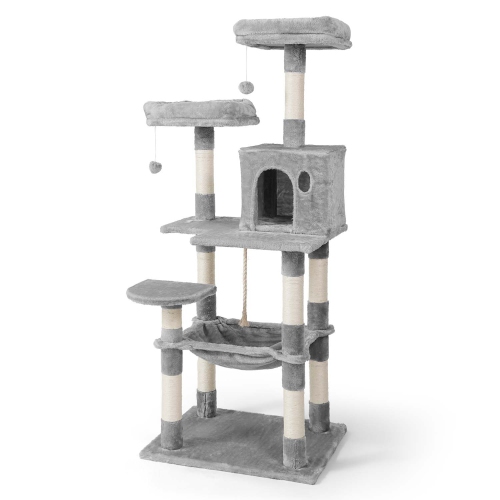 BOWHAUS 58 in. Light Grey Cat Tower for Indoor Cats, Multi-Level Cat Activity Tree with Scratching Posts, Basket, Cave Condo