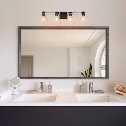 Modern Bell Bathroom Room Vanity Light, 29-in 4-Light Transitional Black in Clear Cone Glass LED Modern/Contemporary Vanity Light