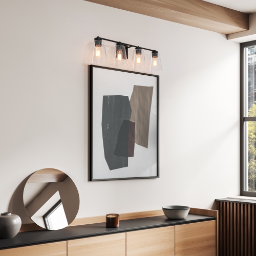 Modern Bell Bathroom Room Vanity Light, 29-in 4-Light Transitional Black in Clear Cone Glass LED Modern/Contemporary Vanity Light