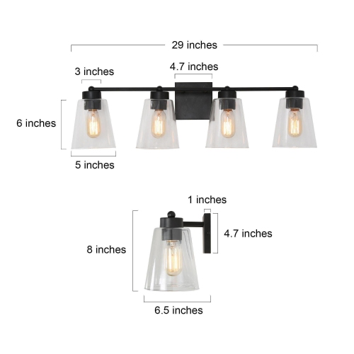 Modern Bell Bathroom Room Vanity Light, 29-in 4-Light Transitional Black in Clear Cone Glass LED Modern/Contemporary Vanity Light