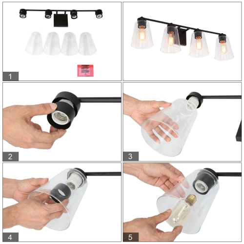 Modern Bell Bathroom Room Vanity Light, 29-in 4-Light Transitional Black in Clear Cone Glass LED Modern/Contemporary Vanity Light