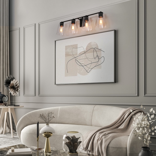 Modern Bell Bathroom Room Vanity Light, 29-in 4-Light Transitional Black in Clear Cone Glass LED Modern/Contemporary Vanity Light