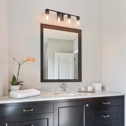 Modern Bell Bathroom Room Vanity Light, 29-in 4-Light Transitional Black in Clear Cone Glass LED Modern/Contemporary Vanity Light