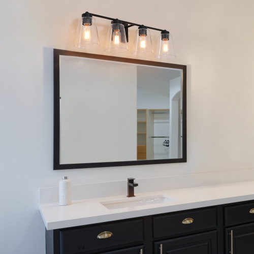 Modern Bell Bathroom Room Vanity Light, 29-in 4-Light Transitional Black in Clear Cone Glass LED Modern/Contemporary Vanity Light