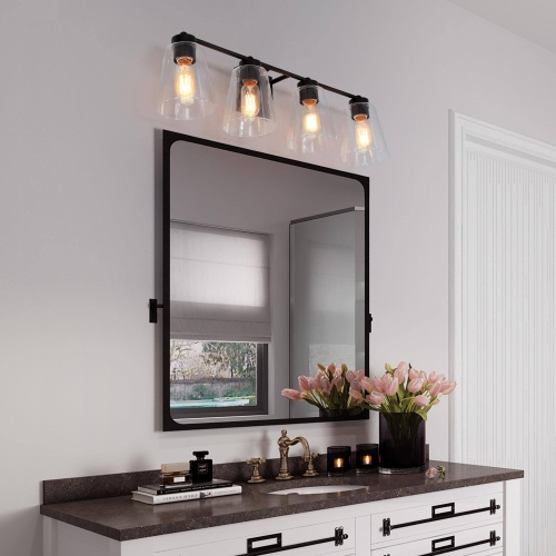 Modern Bell Bathroom Room Vanity Light, 29-in 4-Light Transitional Black in Clear Cone Glass LED Modern/Contemporary Vanity Light