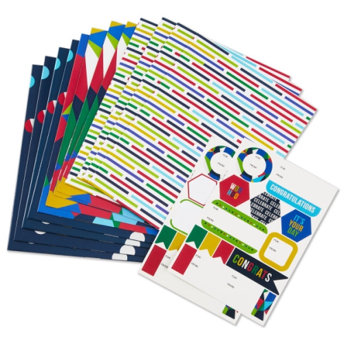 HALLMARK  Flat Wrapping Paper Sheets With Cutlines On Reverse (12 Folded Sheets With Sticker Seals) Red, Blue, Green Geometric, Stripes, Dots