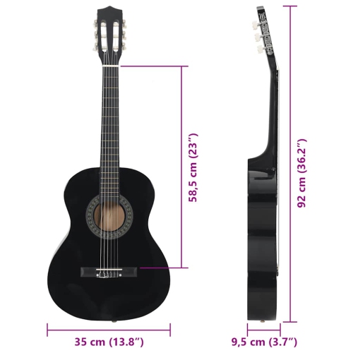 Ensemble de 8 pièces pour débutants en guitare classique VividaXL, noir, 3/4 36 po