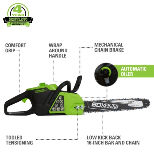 Scie à chaîne Greenworks PRO 80 V, 18 po, batterie de 2.0 Ah et chargeur inclus
