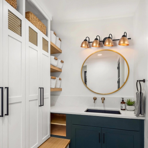 Modern Black Bathroom Vanity Light, 30.5 in. 4-Light Black and Gold Bell Bathroom Vanity Light