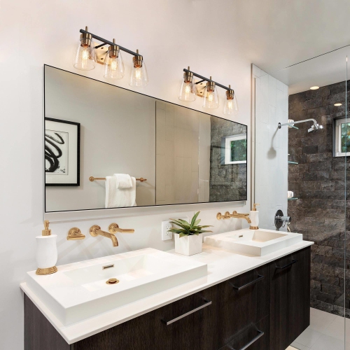 Modern Gold Bathroom Vanity Light, 22 in. 3-Light Black and Brass Gold Wall Sconce with Seeded Glass Shades