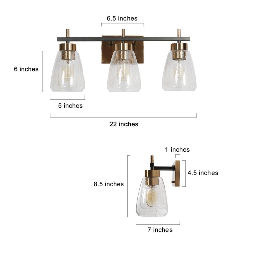 Modern Gold Bathroom Vanity Light, 22 in. 3-Light Black and Brass Gold Wall Sconce with Seeded Glass Shades