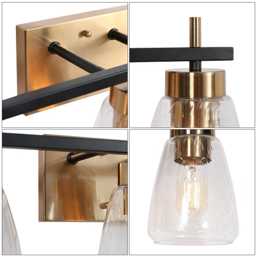 Modern Gold Bathroom Vanity Light, 22 in. 3-Light Black and Brass Gold Wall Sconce with Seeded Glass Shades